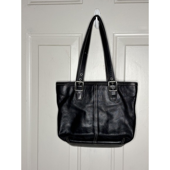 Coach Shoulder Bag Womens Medium Black Leather Zip Tote Buckle Purse Everyday - Picture 5 of 9